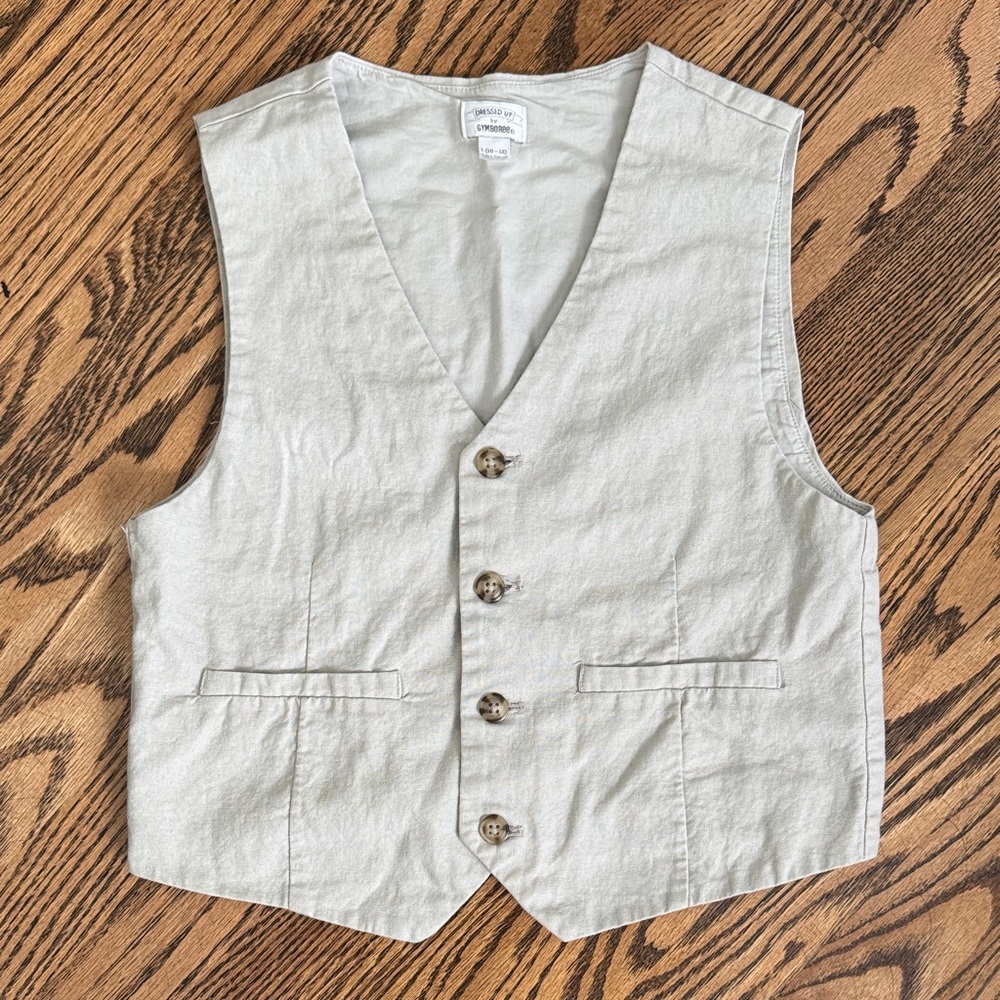 Linen Beige Tan Button-Up Vest - cotton, cream, neutral, dressy, church, suit